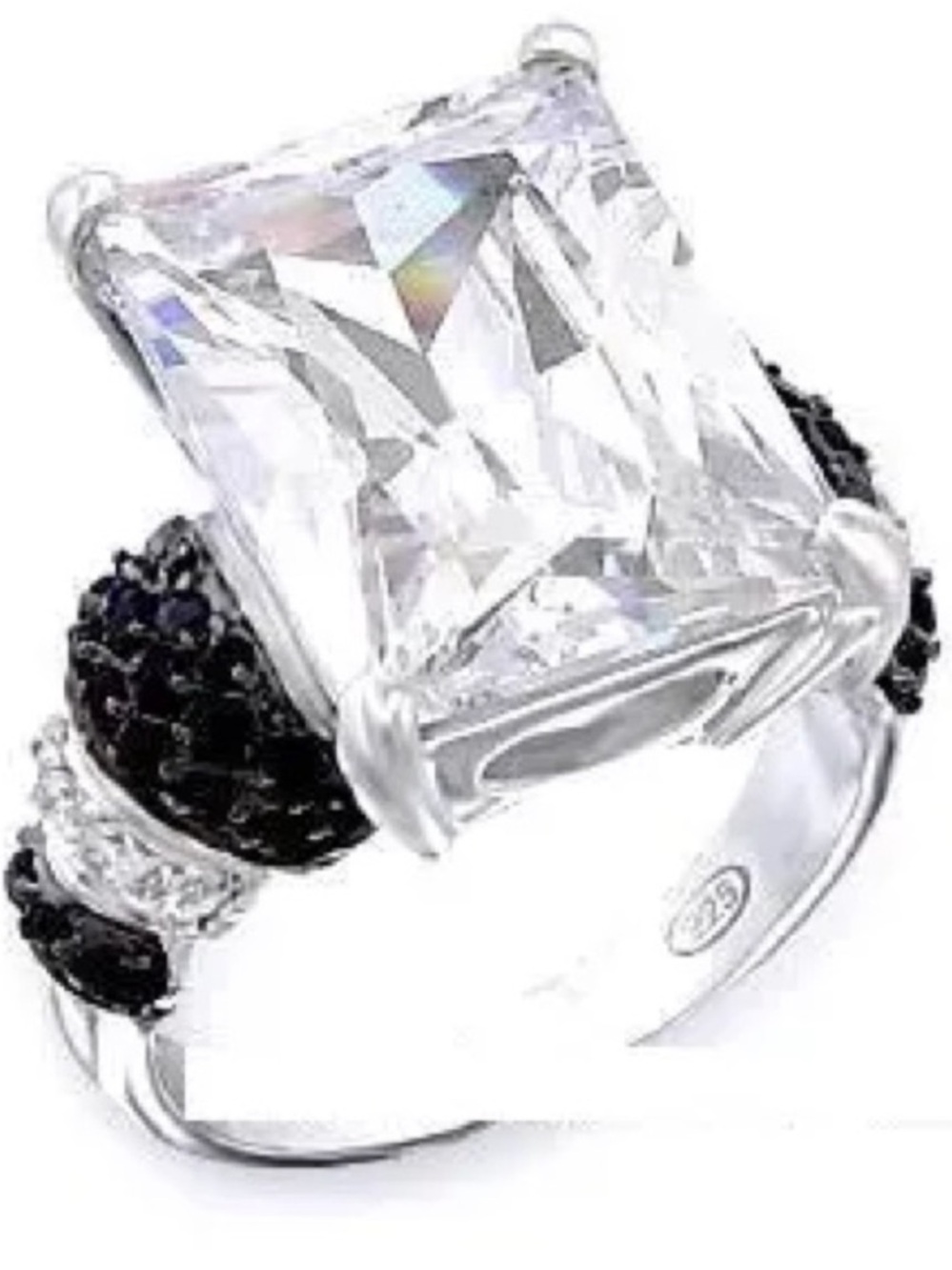 Radiant Solitaire Pave set Black Cz Cocktail sterling silver statement Ring HSN